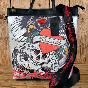 *Unique* Ed Hardy Black Silver Kills Love Slowly Large Backpack